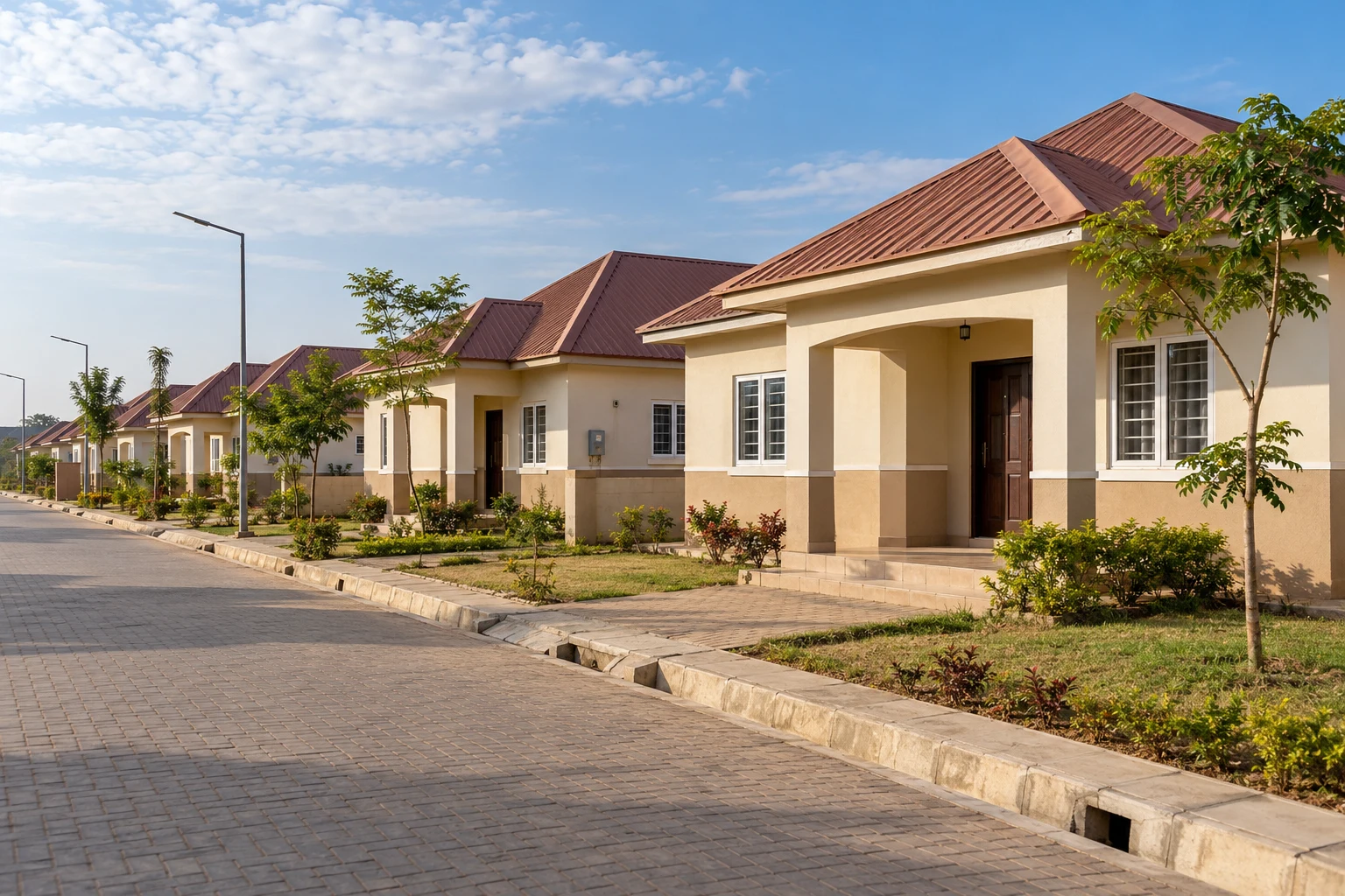 Illustrative modest single-storey homes with pitched roofs and small gardens along a Nigerian estate street